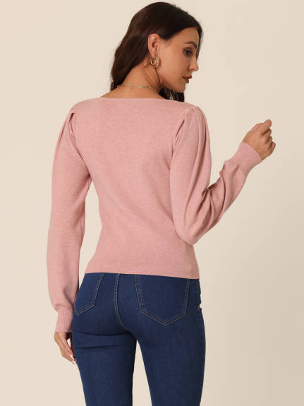 Allegra K - Solid Square Neck Ribbed Knit Sweater