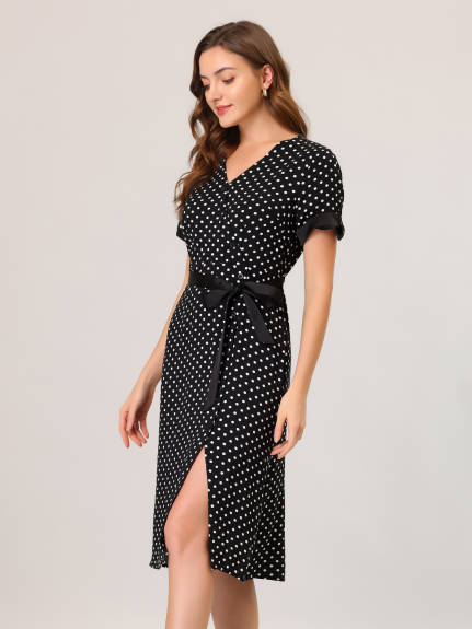 Allegra K- V Neck Polka Dots Button Decor Split Belted Dress