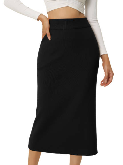 Allegra K - Ribbed Knit Slit Stretchy Bodycon Skirt