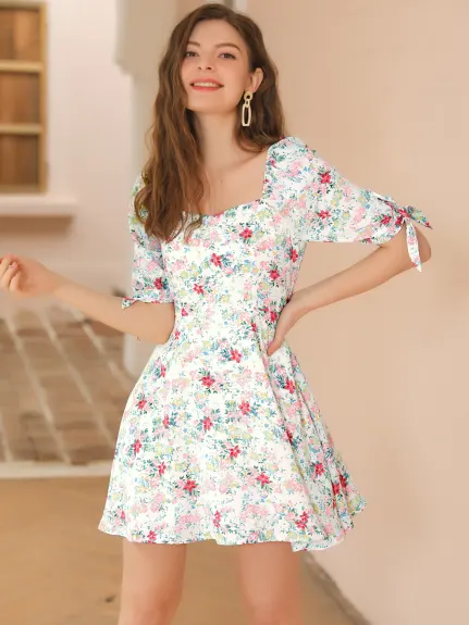 Allegra K- Floral Sweetheart Neck Flare A-Line Mini Dress