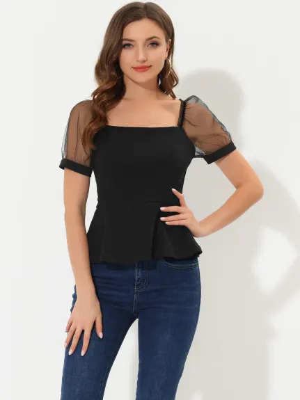 Allegra K - Square Neck Mesh Sheer Sleeve Peplum Top