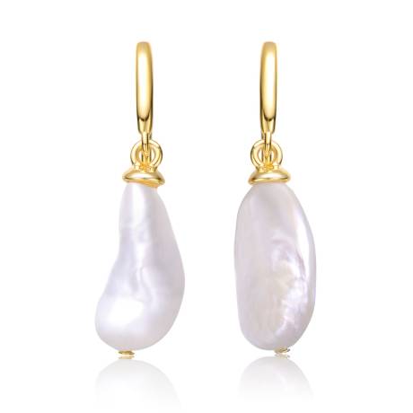 Genevive Sterling Silver 14k Yellow Gold Plated with Baroque White Pearl French Hook Dangle Drop Earrings