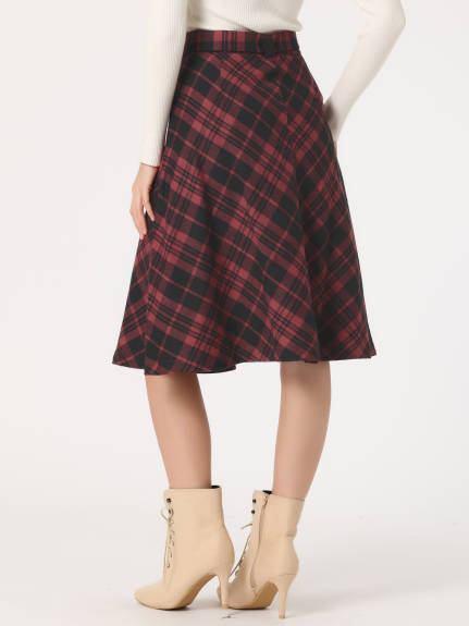 Allegra K- Plaid Tartan Belted A-Line Midi Skirt