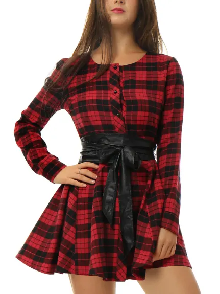 Allegra K- Plaid Long Sleeve Belted A-Line Shirt Dress