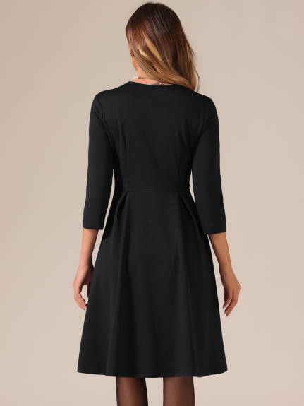 Allegra K- 3/4 Sleeve Sweetheart Neck Pleated Midi Dress