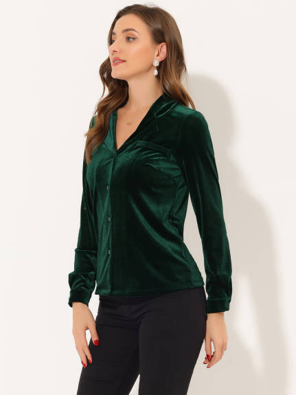 Allegra K- Velvet V Neck Long Sleeve Shirt Blouse