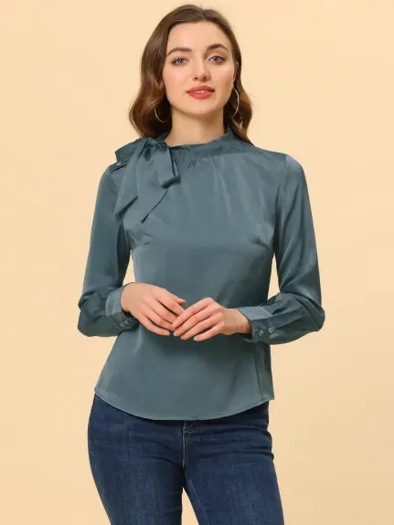 Allegra K - Bow Tie Neck Elegant Satin Blouse