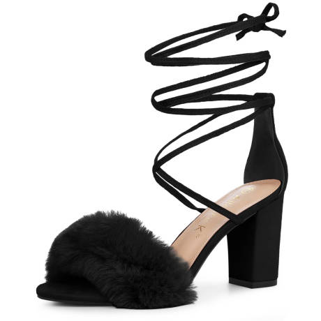 Allegra K- Faux Fur Lace Up Chunky Heels Sandals