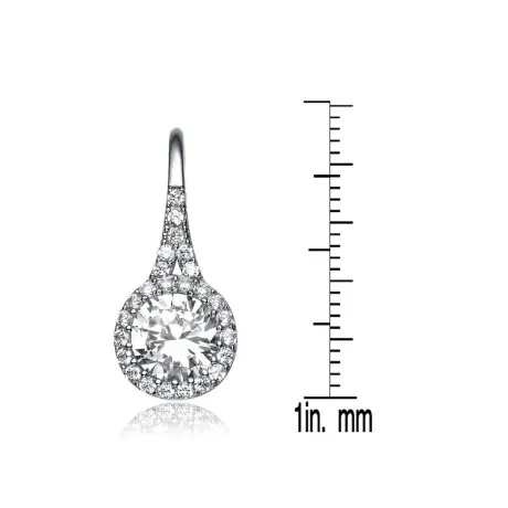 Genevive Sterling Silver with Clear Round Cubic Zirconia Partially Paved and Haloed Solitaire Drop Earring