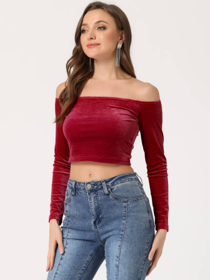 Allegra K- Velvet Off Shoulder Long Sleeve Crop Blouse