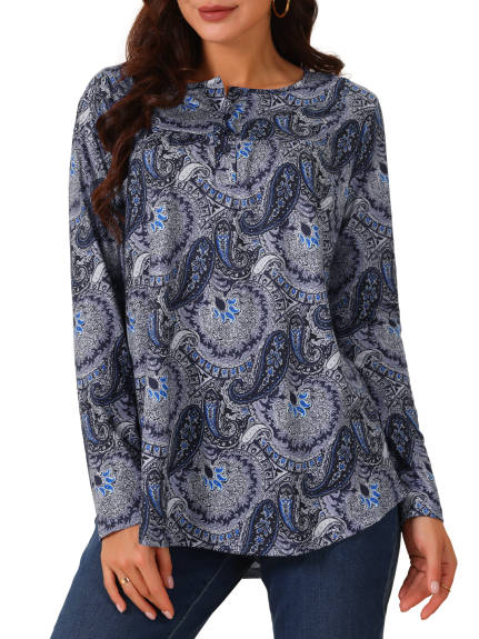 Allegra K - Floral Print Henley V Neck Tunic Top