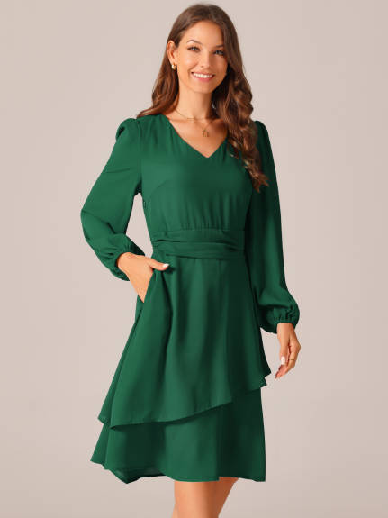 Allegra K - Long Sleeve Layered Swing Midi Dress