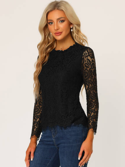 Allegra K- Ruffle Round Neck Long Sleeve Lace Floral Blouse