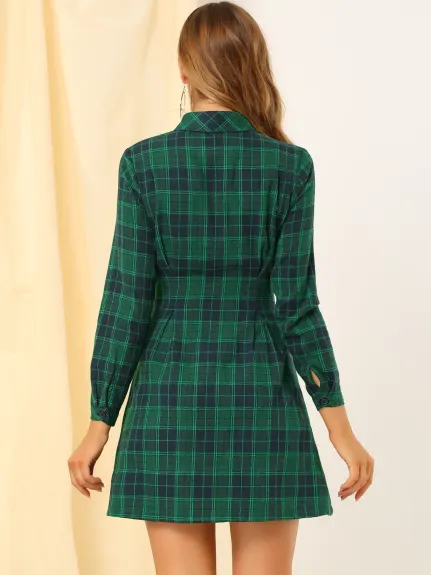 Allegra K- Plaid Long Sleeve A-Line Button Up Shirt Dress Green