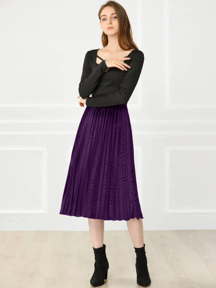 Allegra K- Winter Elastic Waist Velvet Pleated Midi Skirt