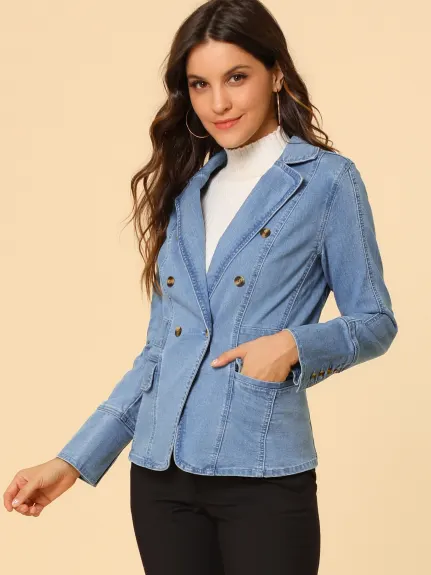 Allegra K- Veste en jean boutonnée à revers cranté avec poches