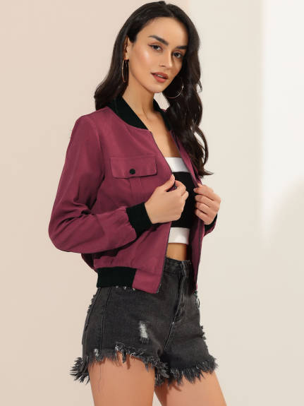 Allegra K- Stand Collar Zip up Flap Pocket Bomber Jacket