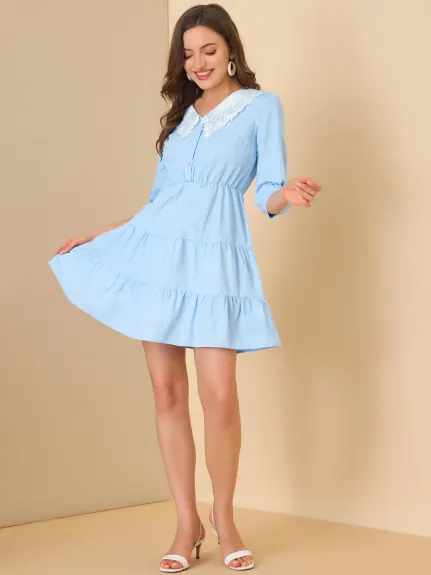 Allegra K- Lace Collar Half Placket Cotton Tiered Dress