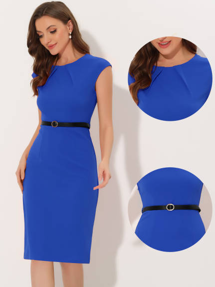 Allegra K- Cap Sleeve Belted Sheath Dress