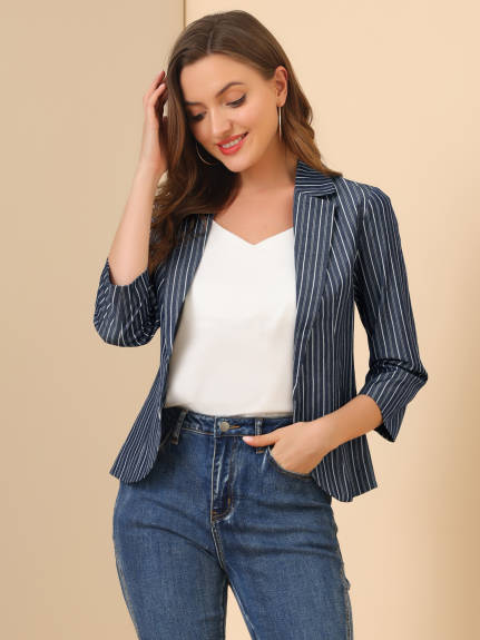 Allegra K- Casual Striped 3/4 Sleeves Open Front Notched Lapel Blazer