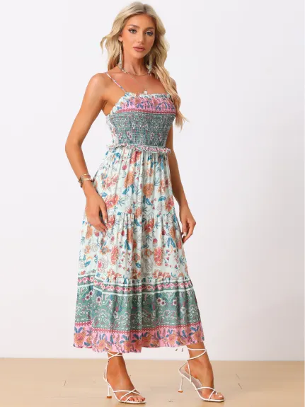 Allegra K- Boho Floral Spaghetti Strap Smocked Dress