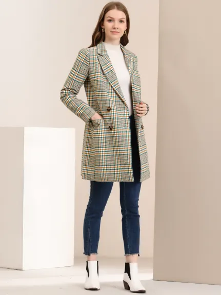 Allegra K- Notched Lapel Double Breasted Plaid Blazer