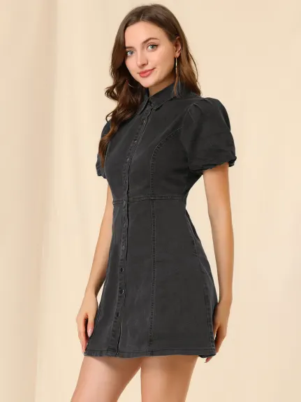 Allegra K- Puff Short Sleeve Button Denim Shirt Dress