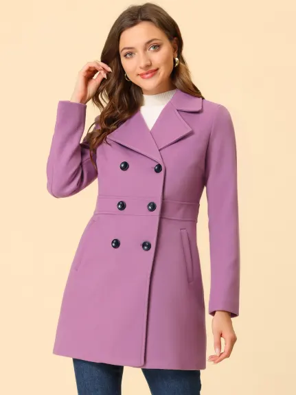 Allegra K- Notched Lapel Double Breasted Mid-Lentgh Overcoat