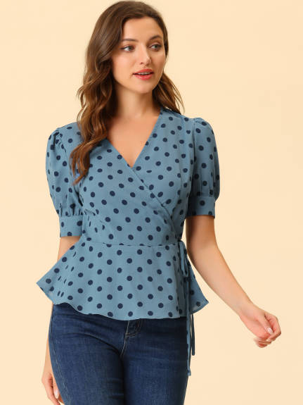 Allegra K - V Neck Polka Dots Short Sleeve Wrap Peplum Top