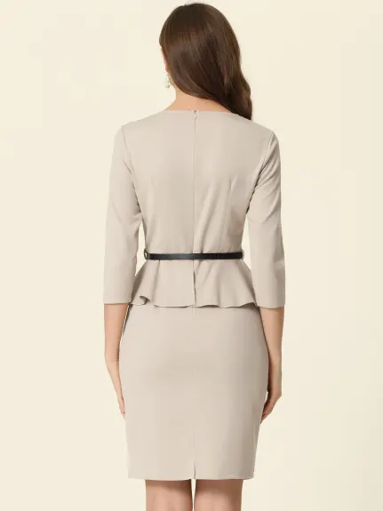 Allegra K- 3/4 Sleeve Knee Length Belted Peplum Pencil Sheath Dress