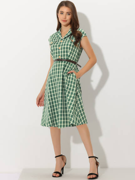 Allegra K- Button Front Retro Cap Sleeve Belted Plaid Dress