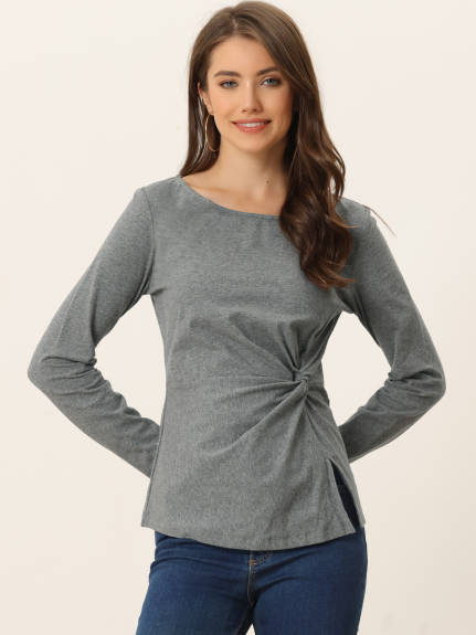 Allegra K- Round Neck Front Twist Ruched Top