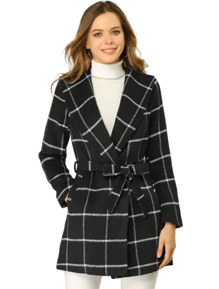 Allegra K- Plaid Shawl Collar Belted Wrap Coat