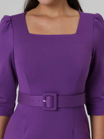 Hobemty- Square Neck Puff Sleeve Belted Pencil Dress