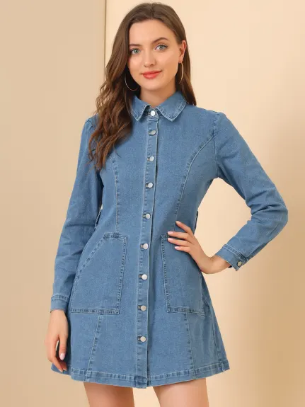 Allegra K- Long Sleeves Belted Denim Shirt Dress