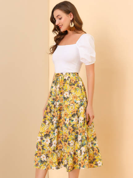 Allegra K- Floral Sunflower Tiered Chiffon A-Line Skirt