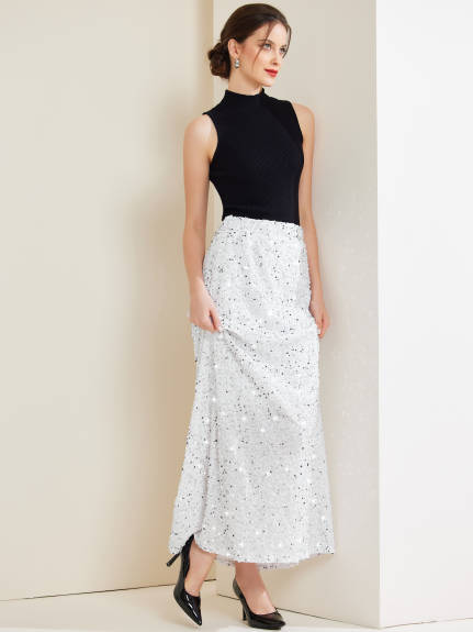 Allegra K - Elastic Waist Sequin Velvet Maxi Skirt