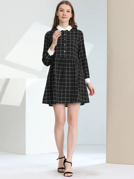 Allegra K- Plaid Button Up Shift Shirt Dress