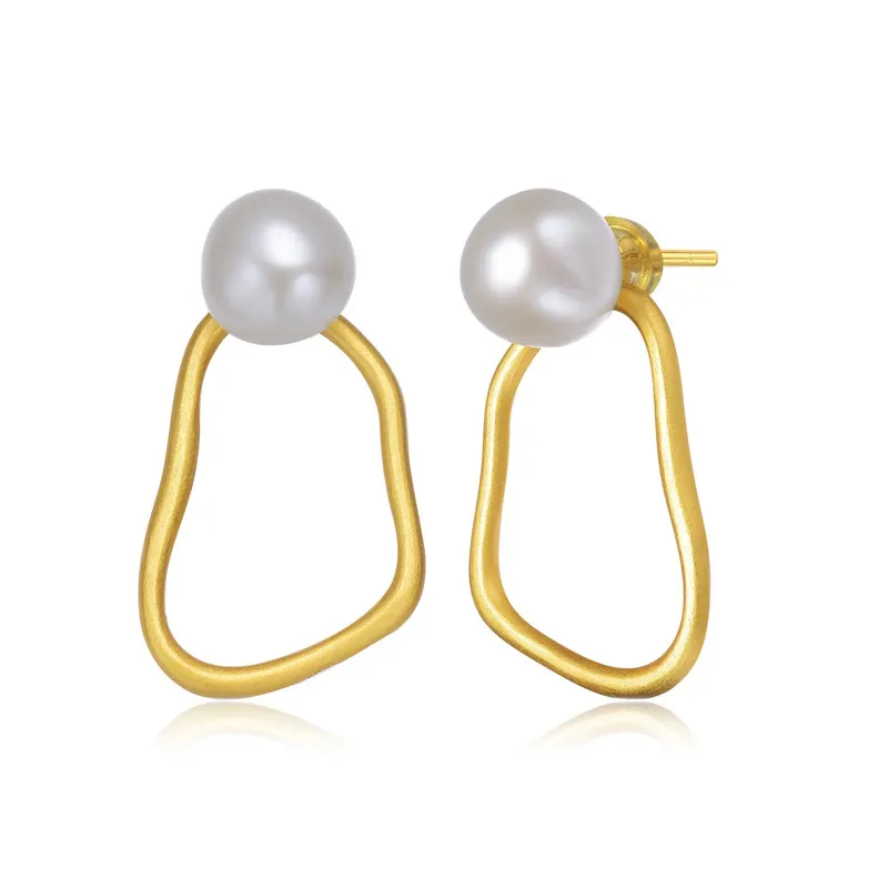 Genevive Sterling Silver 14k Gold Plated with Genuine Freshwater Round Pearl Drop Earrings