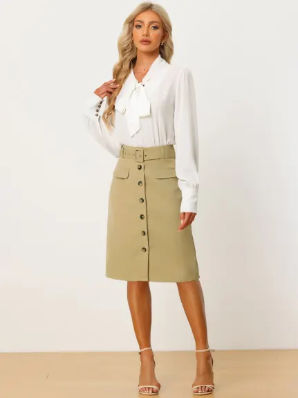 Allegra K- Button Front Belted Work Straight Skirt