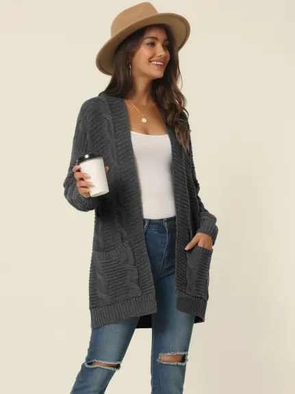 Allegra K- Cable Knit Open Front Sweater Cardigan with Pockets