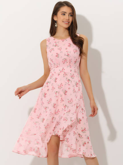 Allegra K- Ruffle Hem Smock Back Waist Floral Wrap Dress