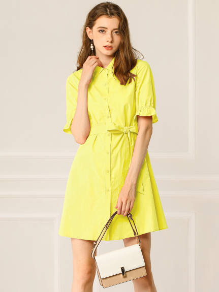 Allegra K- Ruffled Short Sleeve Belted Shirt Dress