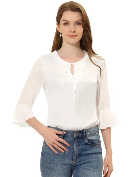 Allegra K- Bow Tie Neck Sheer 3/4 Sleeve Chiffon Blouse