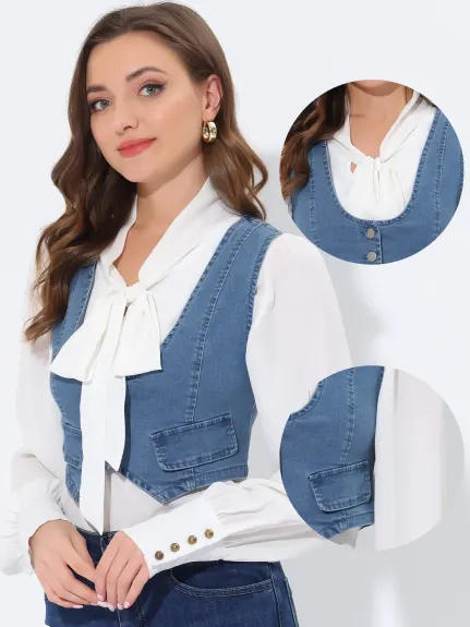 Allegra K- Gilet en jean boutonné à encolure dégagée