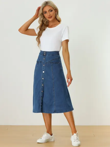 Allegra K- High Waist Buttons A-Line Midi Skirt