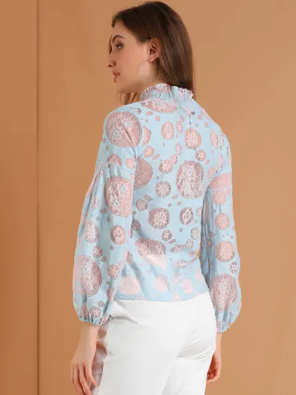 Allegra K- Blouse transparente en dentelle florale à col montant et volants