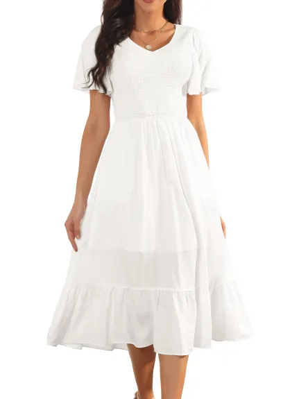 Allegra K - Ruffle Sleeve Smocked High Waist Midi Dress