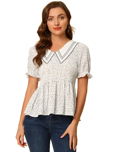 Allegra K- Smocked Polka Dots Peplum Blouse