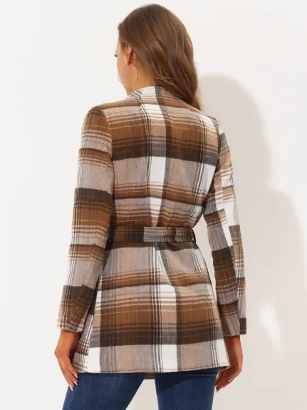 Allegra K- Shawl Collar Belted Asymmetrical Hem Plaid Coat